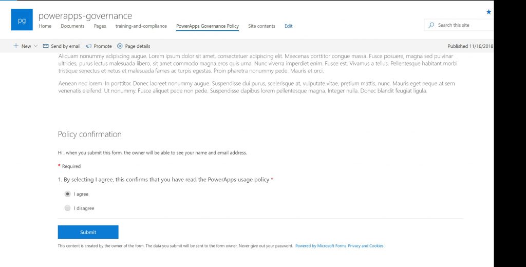 Screenshot of PowerApps governance and usage policy