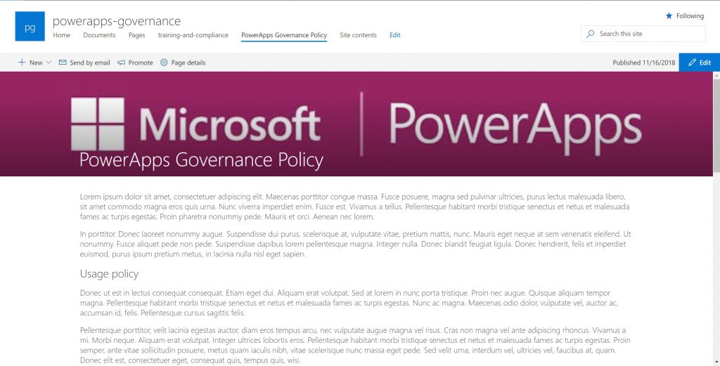 Screenshot of PowerApps usage and governance policy