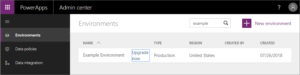 The Upgrade now button appearing in the list of environments