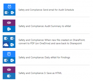 Screenshot of flows used in Safety and Compliance Audit solution