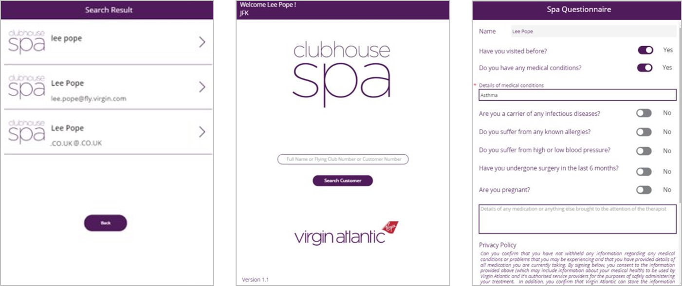 Screenshots of Spa app