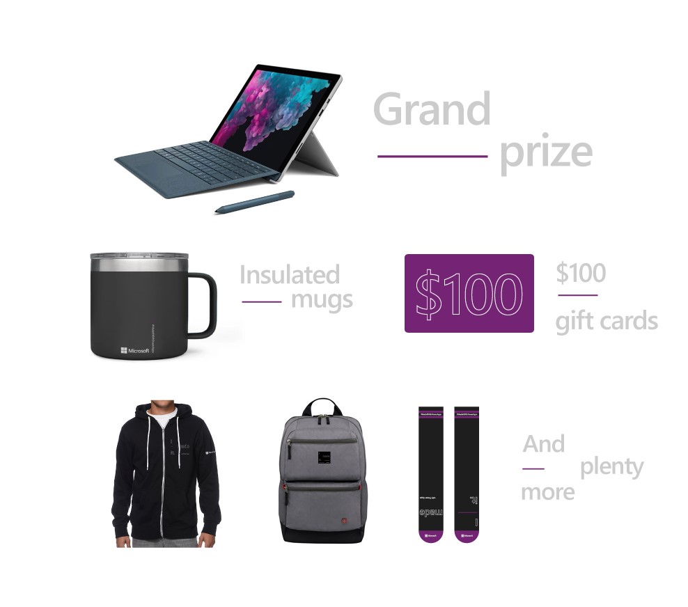 The grand prize is a Surface pro. Other prizes include: insulated mugs, 100 dollar Visa gift cards, hoodies, backpacks, and even Power Apps socks! 