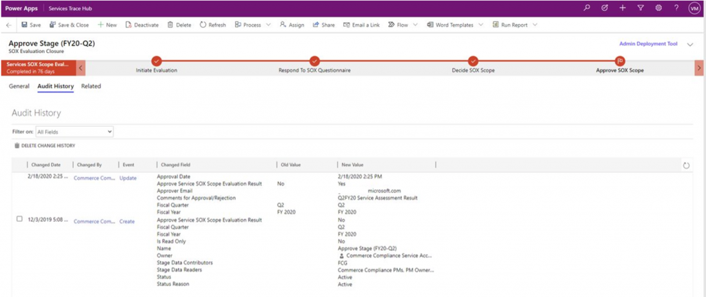 Screenshot of Audit History maintained by Microsoft Dataverse with a record in the custom table.