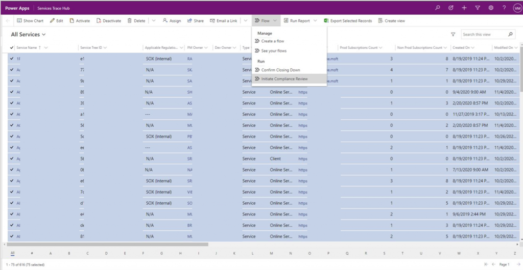 Screenshot of Compliance PM selecting services & running the flow to initiate compliance evaluation