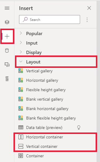 List of controls in Power Apps authoring Insert pane with containers in a rectangle