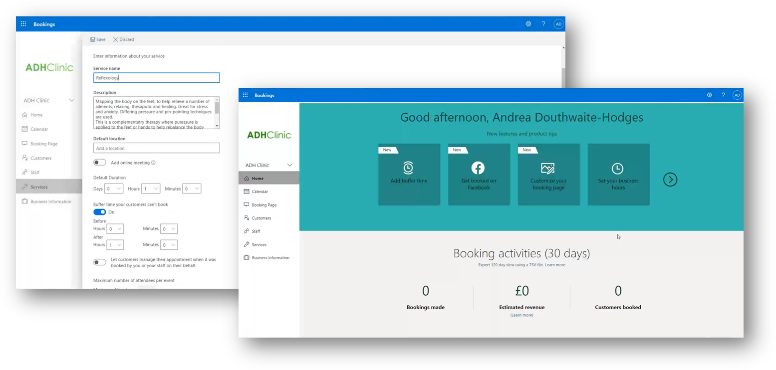 Screenshots of Microsoft Bookings screens used to configure options