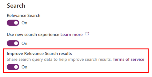"Improve Relevance Search results" setting in Power Platform admin center