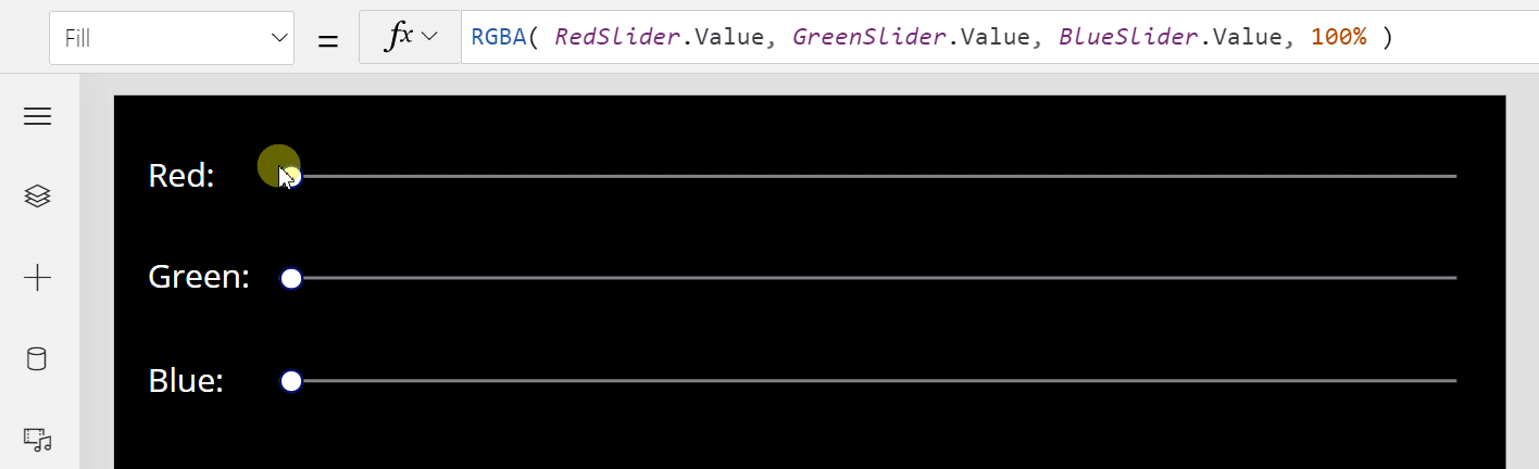 Power Fx Formula: Fill = RGBA( RedSlider.Value, GreenSlider.Value, BlueSLider.Value, 100% )