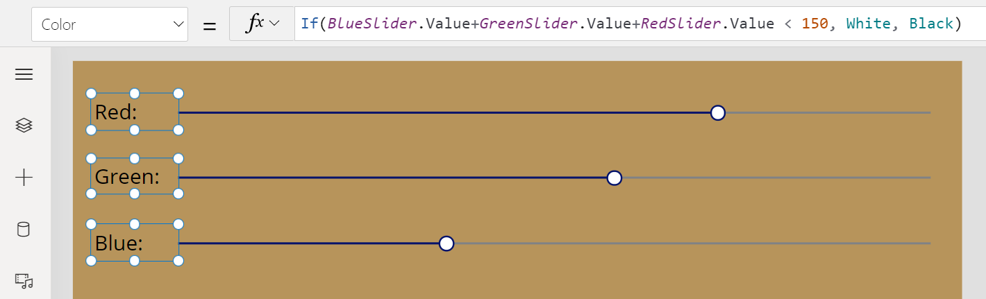 Power Fx Formula: =If( BlueSlider.Value+GreenSlider.Value+RedSlider.Value < 150, White, Black )