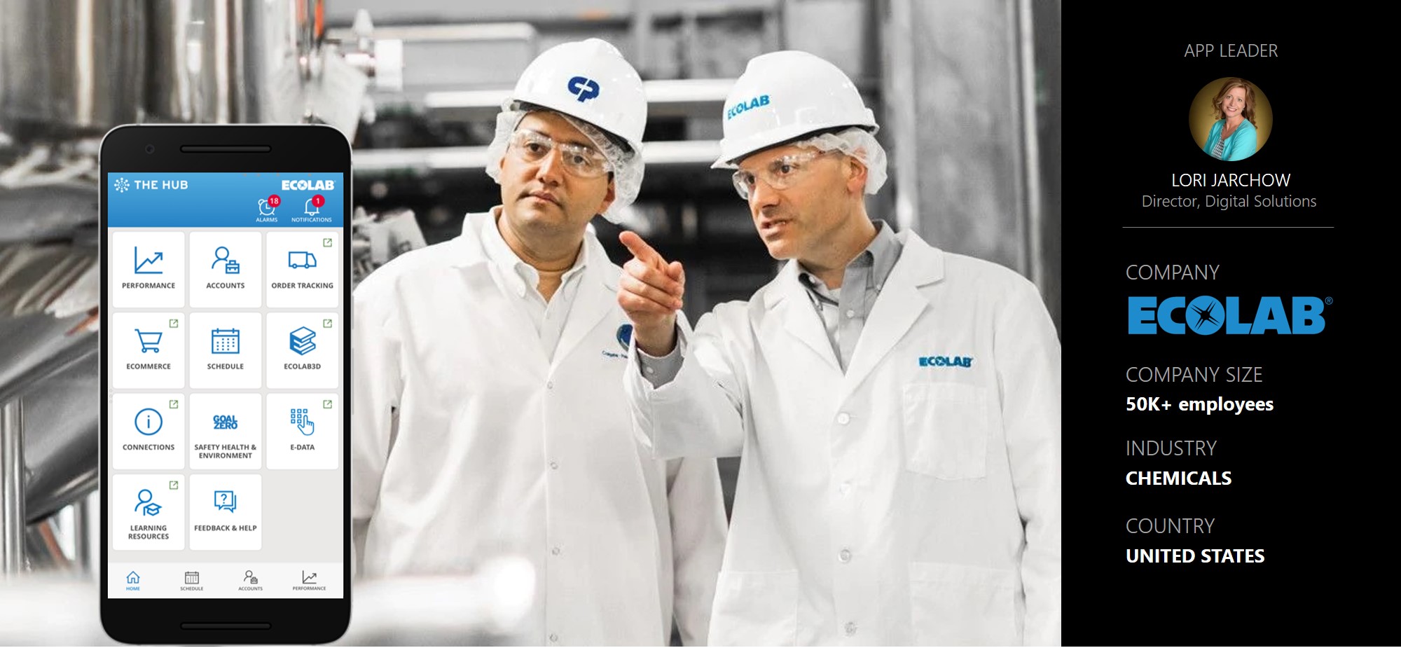 Banner image for Ecolab story. Mentions App leader Lori Jarchow, 50K+ employees, Industry - Chemicals, Country - United States