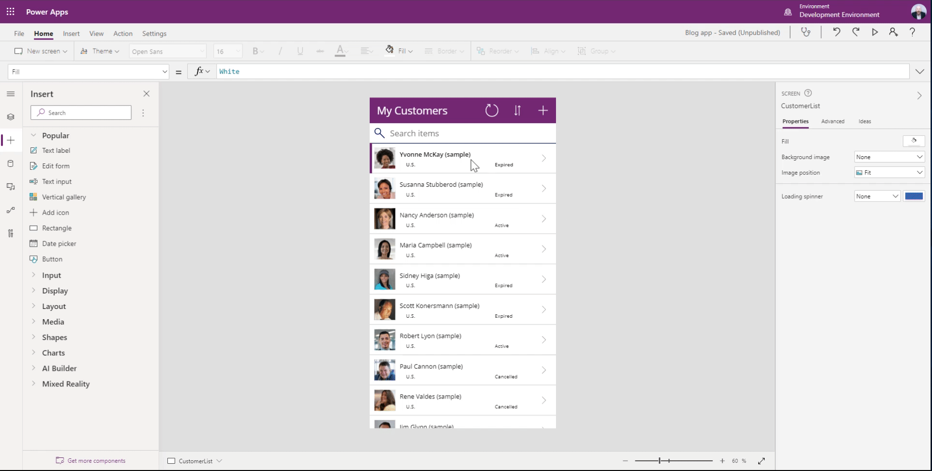 An example of how PowerApps generates Power Fx formula based on user's natural language input