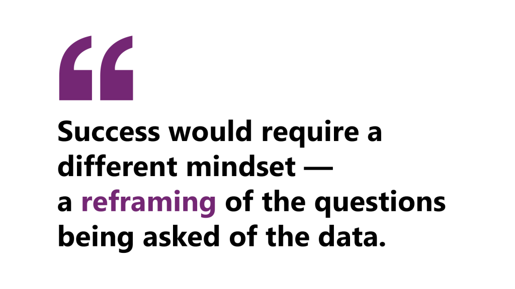A quote by Wyendie that says “Success would require a different mindset – a reframing of the questions being asked of the data.”