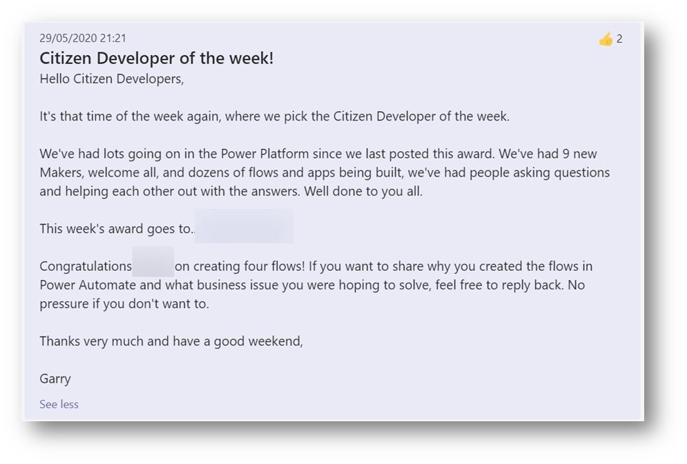 Success of citizen developers is celebrated with a "Citizen Developer of the week" profile
