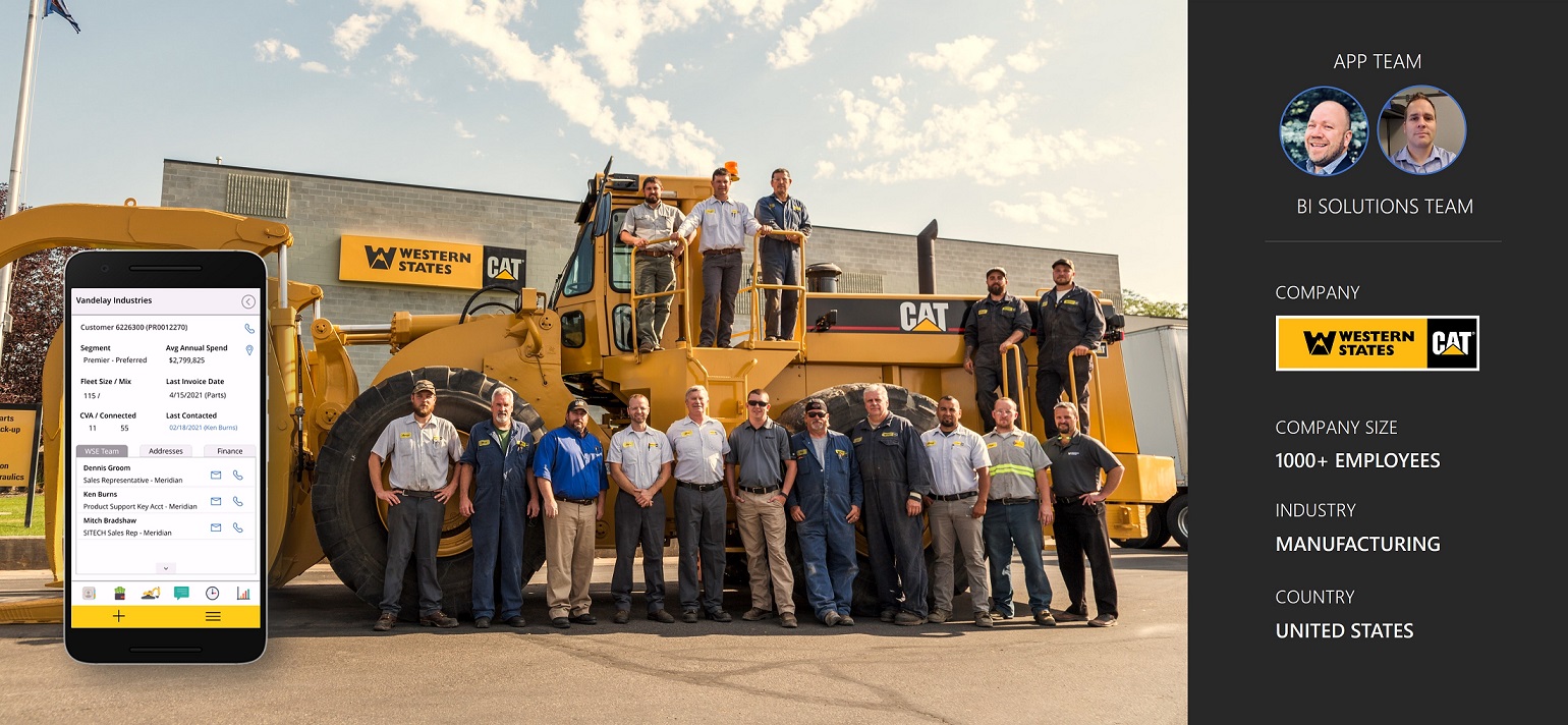 Banner image for Western States Caterpillar story. Includes team photo, mobile app screenshot and information - company size: 1000+ employees, Industry: Manufacturing, Country: United States