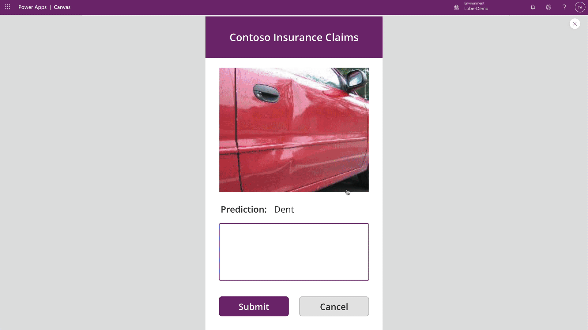 A GIF showing a canvas app that is prediction 3 different types of car damage with an AI model