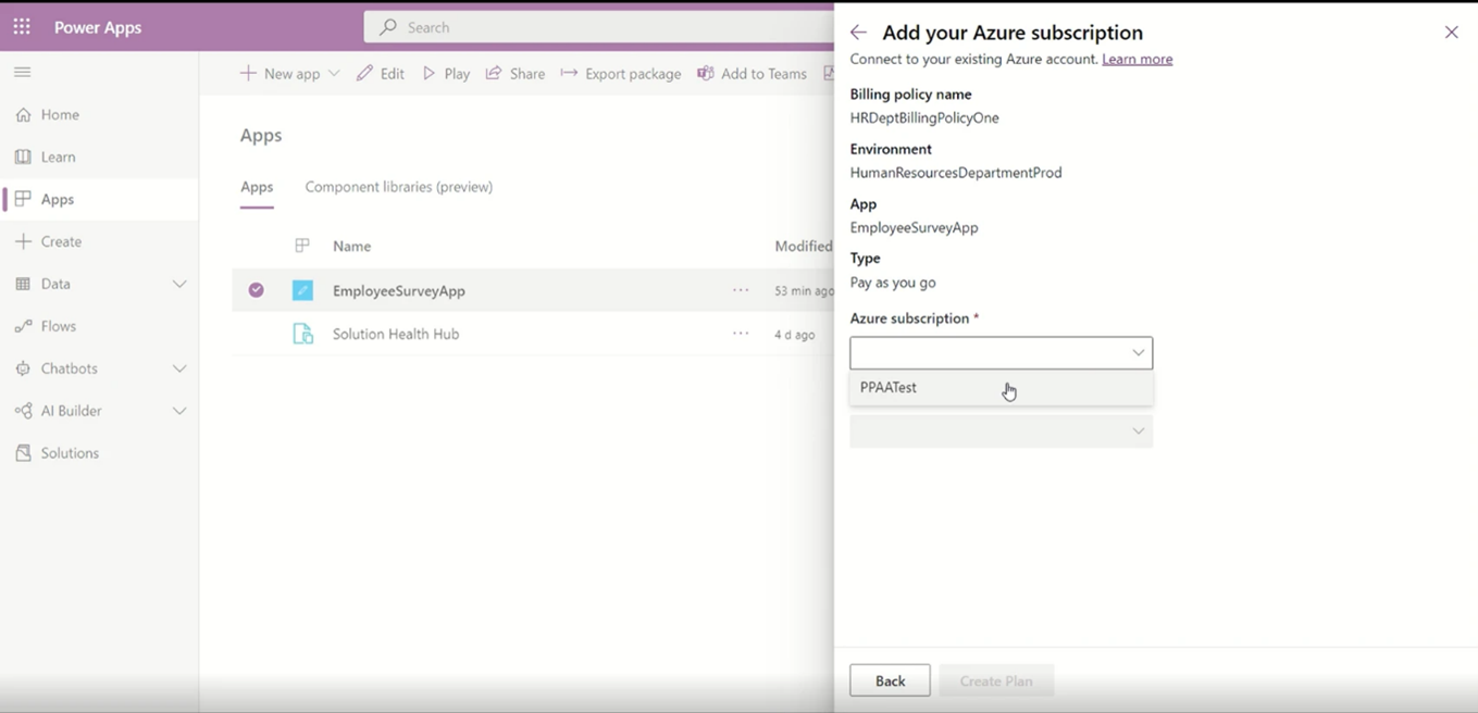 Power Apps portal showing the Add your Azure subscription panel