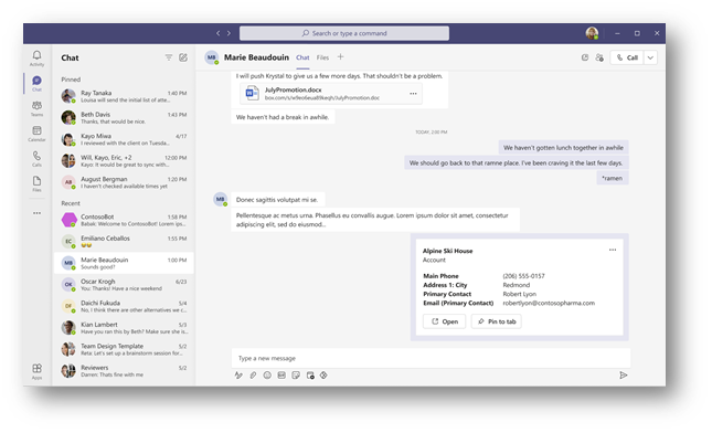 Screenshot of Microsoft Teams showing a pasted link from Dataverse with a card of data instead of a pasted link