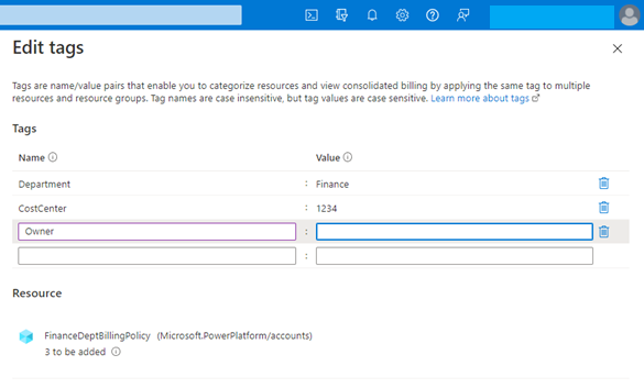 Graphic showing how you can define tags (which are customizable name / value pairs) for any Azure resource, including Power Platform account resources. 