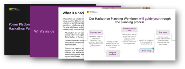 Screenshots of the first few pages of the Hackathon planning workbook