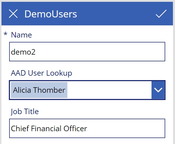 Screenshot of a Power App displaying a populated Job Title value that was retrieved using a formula on the job title field.