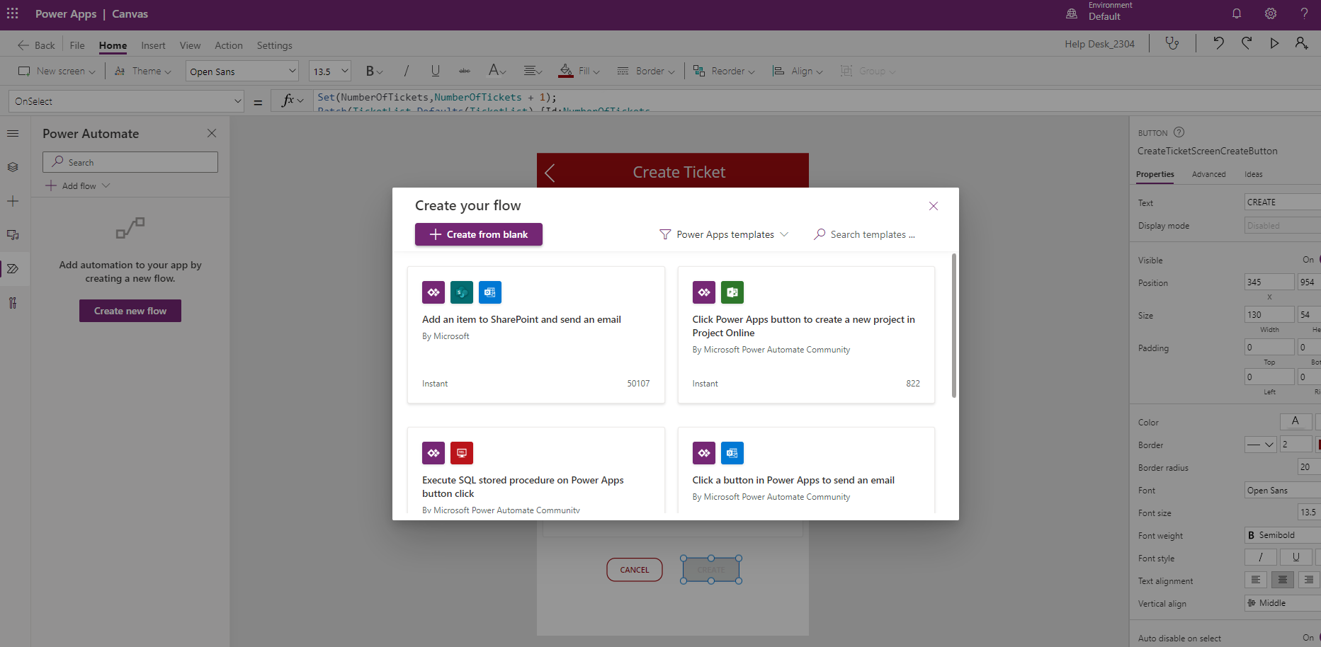 A screen capture of a Power Apps Canvas App in edit mode, showing the new Power Automate modal overlay featuring the ability to either create a new flow from blank or start from one of the provided Power Apps trigger templates.