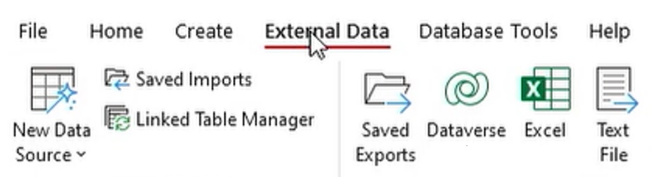 A screenshot of the MS Access ribbon showing the External Data tab and the new Dataverse Export icon used to trigger migration.