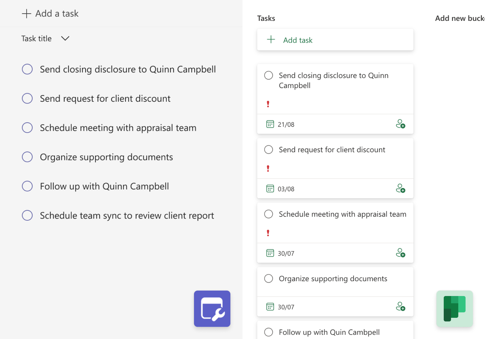 Tasks created in the Tasks control, visible in Planner