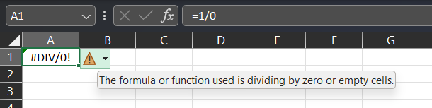 #DIV/0! error shown for cell A1 with the formula =1/0