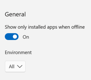 Windows Power Apps settings with offline option and environment filter