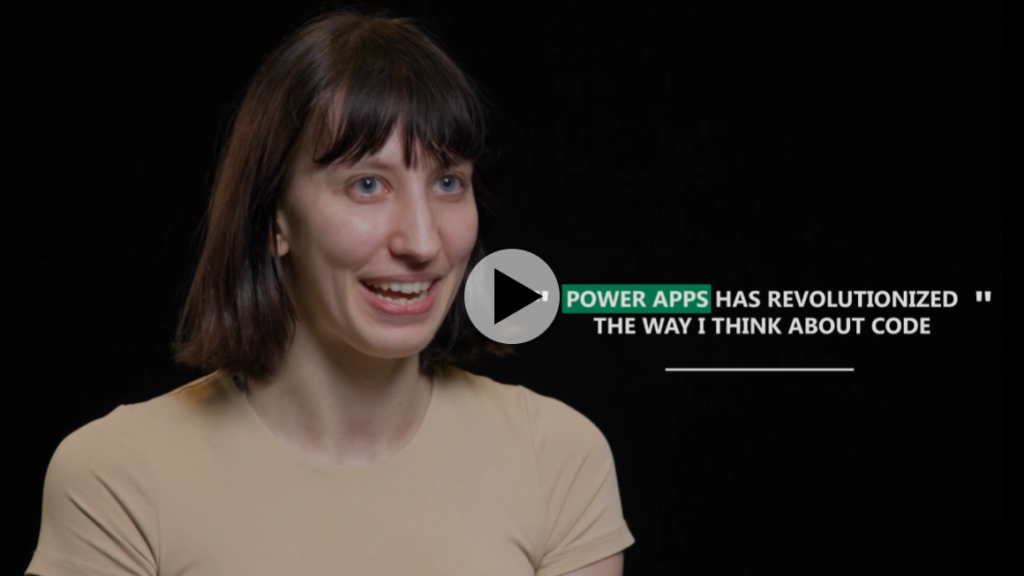 Video thumbnail with photo of Gini Brandon, Power Platform Developer, and a quote "Power Apps has revolutionized the way I think about code."