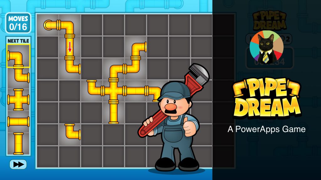 Interface of Pipe Dream, a Power Apps game