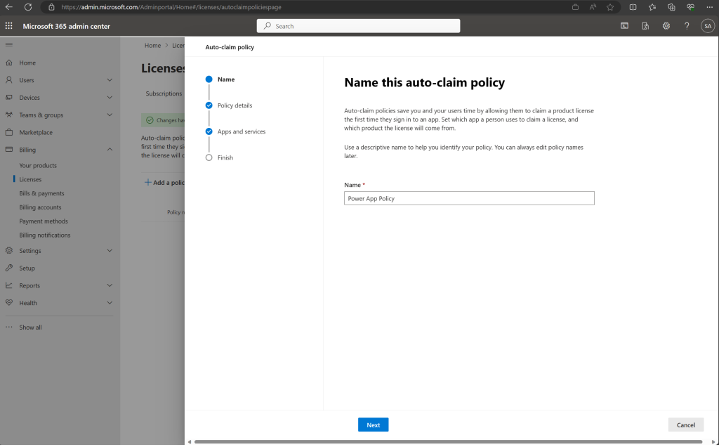 As a first step , Name an auto claim policy by going to the to the Billing > Licenses page, then selecting  the Auto-claim policy tab.  Select Add a policy and On the Name this auto-claim policy page, enter a name for the policy, then select Next.