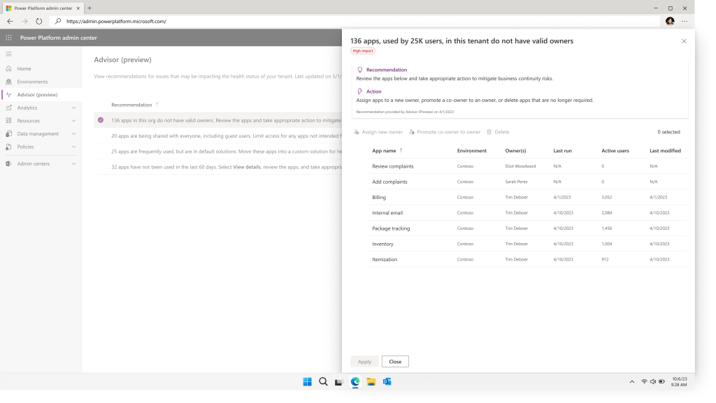 View of Power Platform admin center in browser showing the Advisor (preview) screen with information for admin.