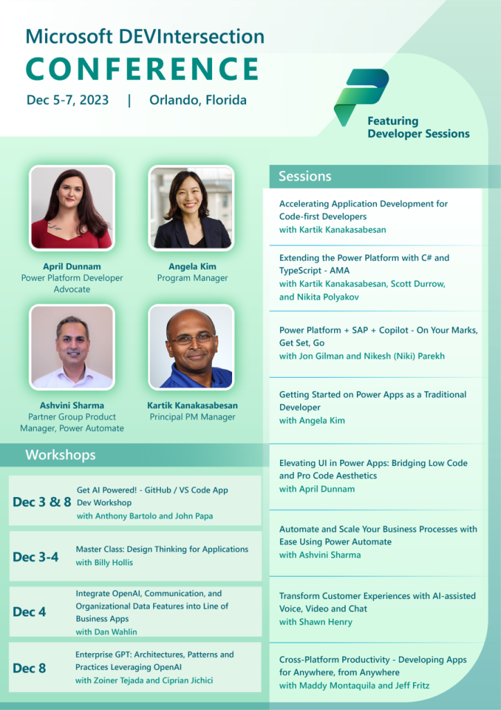 A flyer showing key speakers including April Dunnam, Angela Kim, Ashvini Sharma, and Kartik Kanakasabesan. The flyer also shows upcoming workshops and sessions.