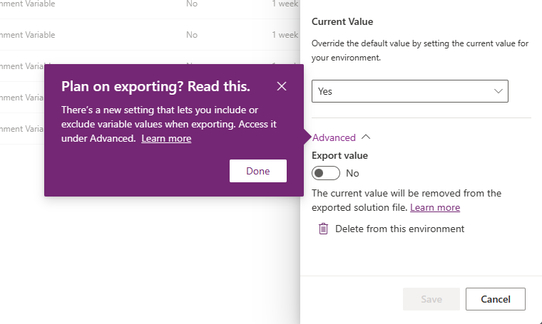 New Export Value toggle for environment variables