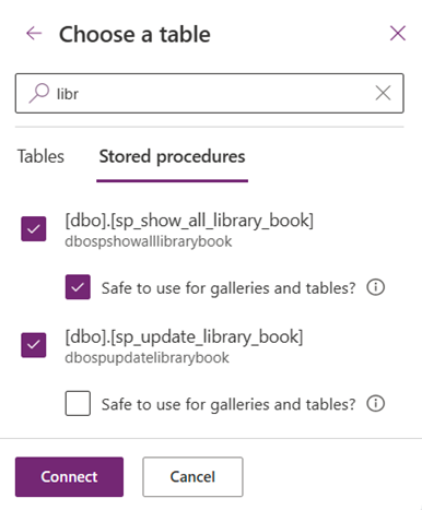 SQL table selector with tables / views and also stored procedures. 