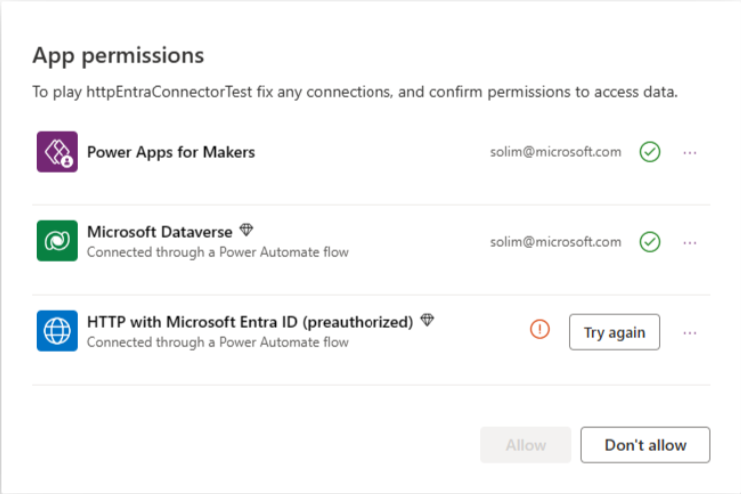 updated consent dialog #2. Showing the need to "try again" as previous credentials / sign in failed. 